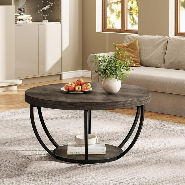 Tribesigns Table Basse Ronde, Table Basse Industrielle à 2 Niveaux en Forme de Cercle avec Étagères de Rangement, Table Centrale Moderne de 31,7 Pouces en Bois pour Salon, Bureau à Domicile, Gris