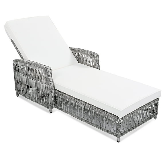 Outdoor Long Reclining Chaise, Wicker Lounge with Armrests, Patio Adjustable Recliner with Soft Removable Cushions, All Weather Rattan Pool Lounge for Poolside & Garden, Beige