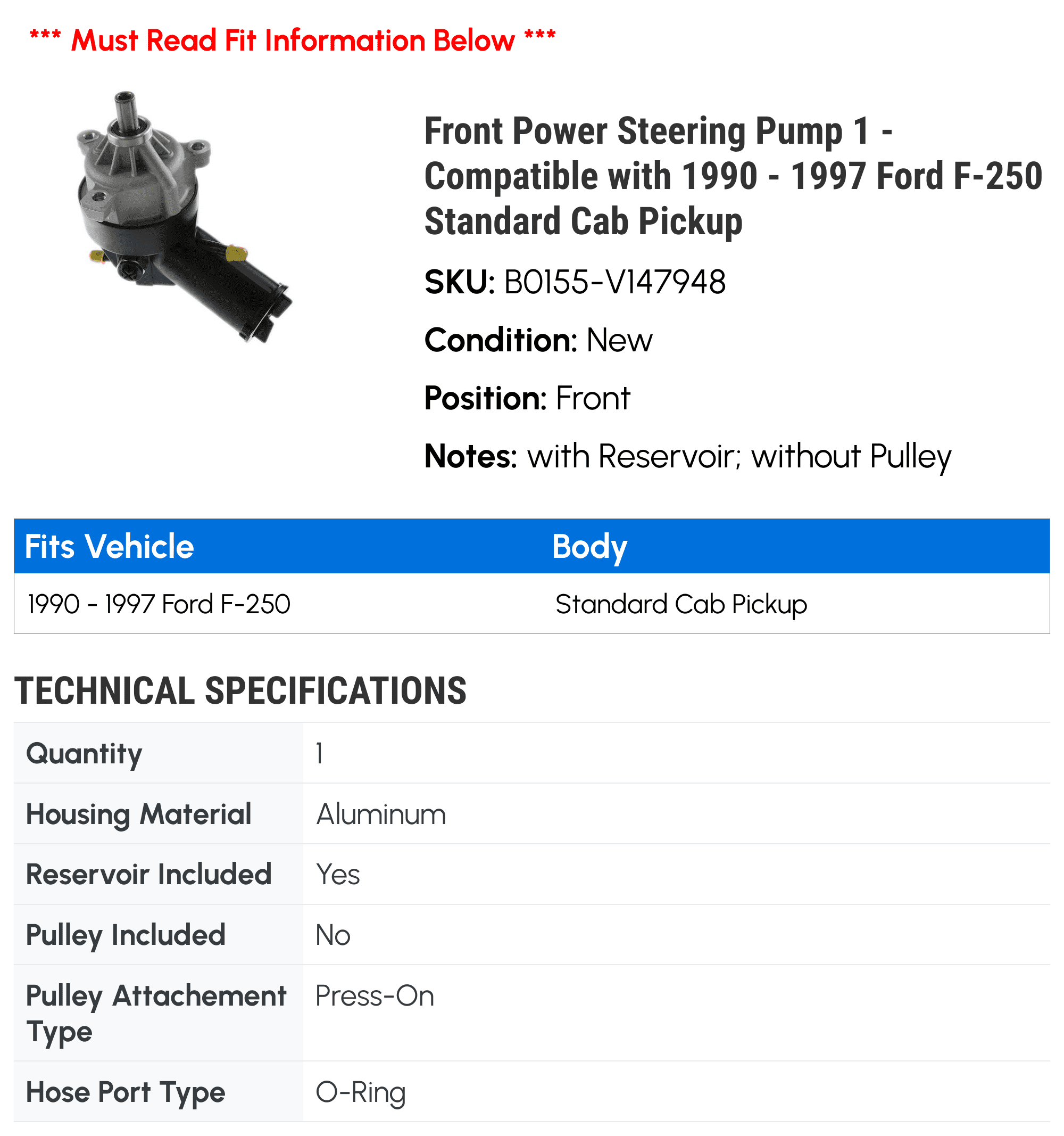 Front Power Steering Pump 1 - Compatible with 1990 - 1997 Ford F-250 Standard Cab Pickup - Autopart Premium