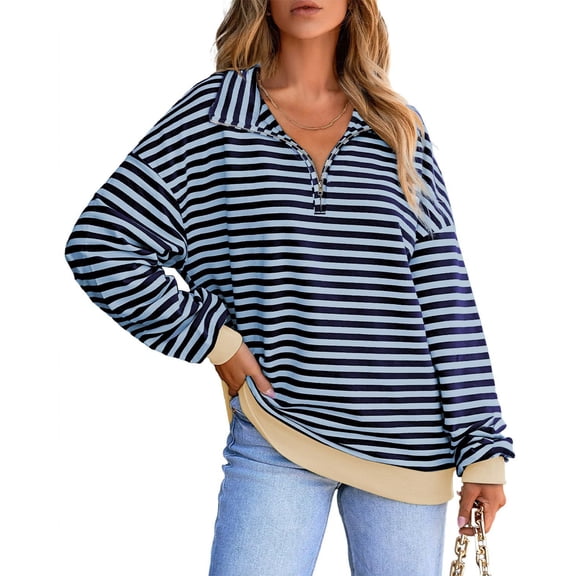 dGslk Women’s Long Sleeve Striped Pullover Top Casual Half Zip Collar Loose Fit Sweatshirt for Everyday Comfort and Style Black L