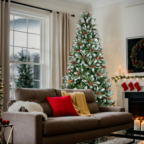 Resenkos 5ft Artificial Christmas Tree with 1113 Branch Tips, Red Fruit & Pine Cones, Hinged Base - Green