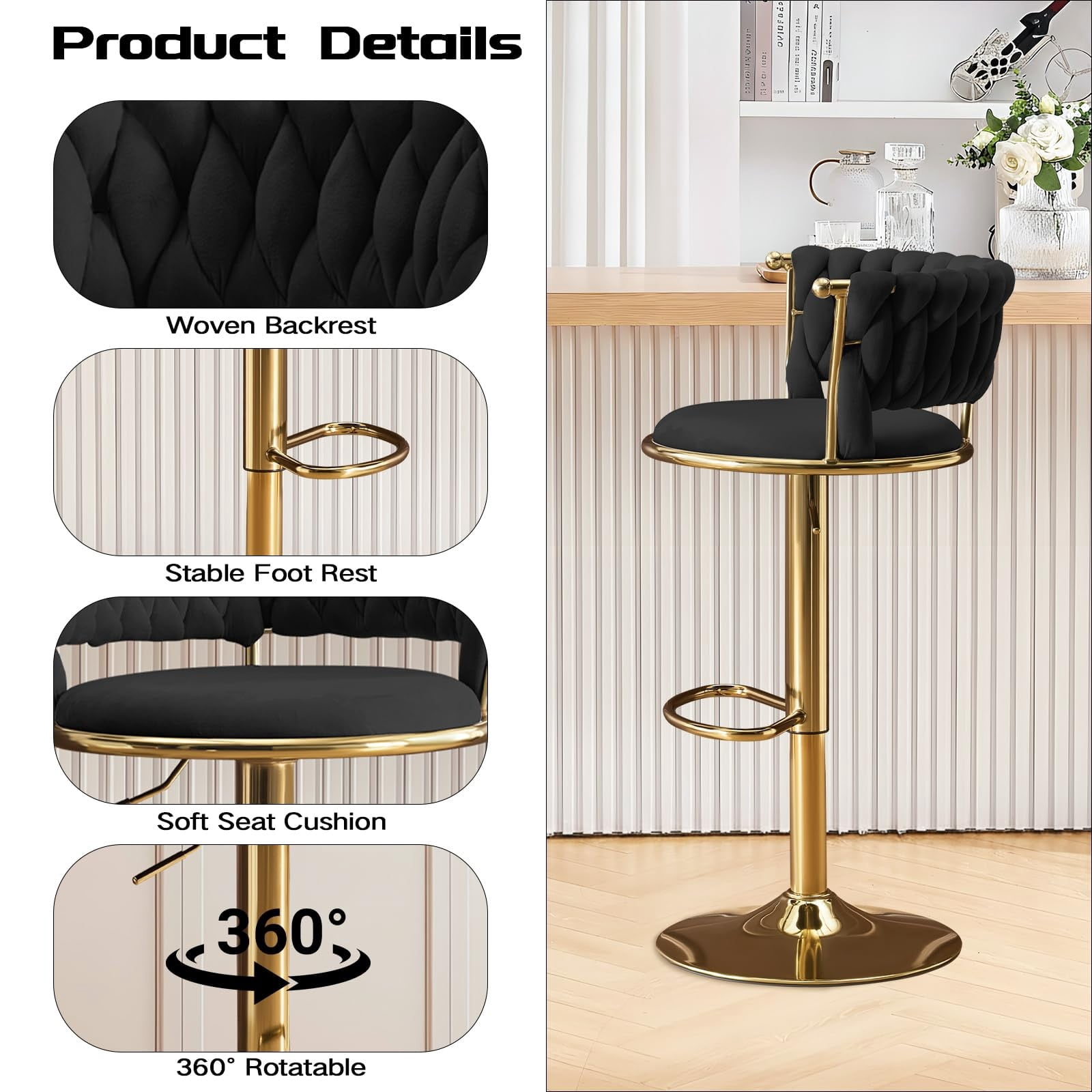 Set of 2 360° Swivel Velvet Bar Stools, Adjustable Counter Height Bar Chairs with Gold Metal Base & Low Back, Modern Kitchen Island Barstools for Dining Room & Pub, Black