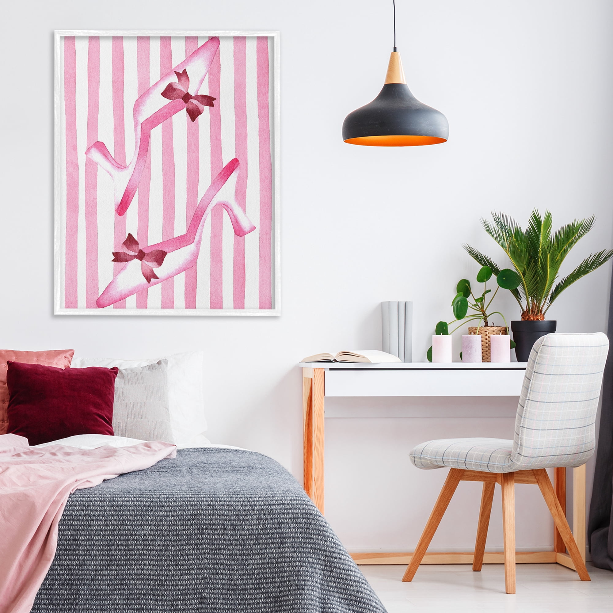 Stupell Industries Bow Heels on Pink Stripes White Framed Giclee Art, design by Camila Juncos