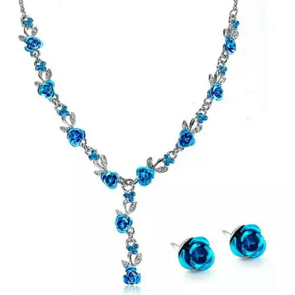 HOOUN 925 Silver Plated Wedding Rose Shinny Bridal Jewellery Earrings Necklace Set-Blue