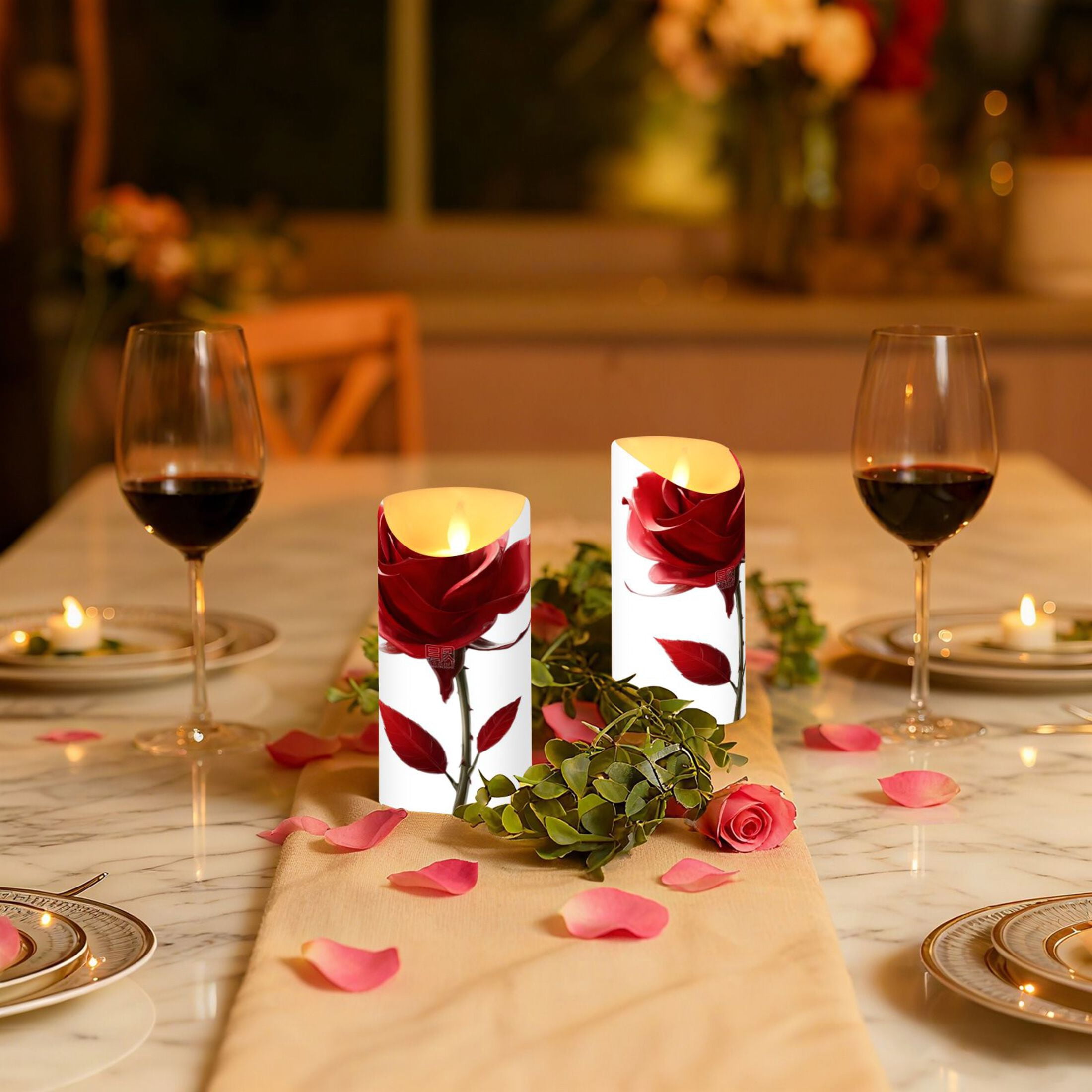 Iauyy Flameless Candles Battery Operated LED Pillar Candles with Remote and Timer, 3d Roses Set of 2 （M)