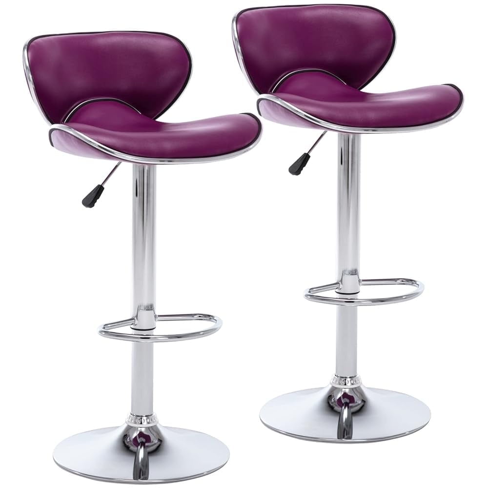 Adjustable Swivel Bar Stools Set of 2 , Modern PU Leather Upholstered Bar Chairs with Chrome Base for Kitchen Island, Dining Room, Pub, Counter (Purple)