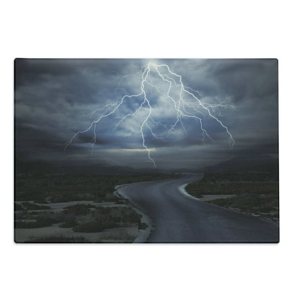 Nature Cutting Board, Thunderstorm over Road Vibrant Strong Beam Before the Sky Blows Weather Image, Decorative Tempered Glass Cutting and Serving Board, Large Size, Dark Blue Grey, by Ambesonne