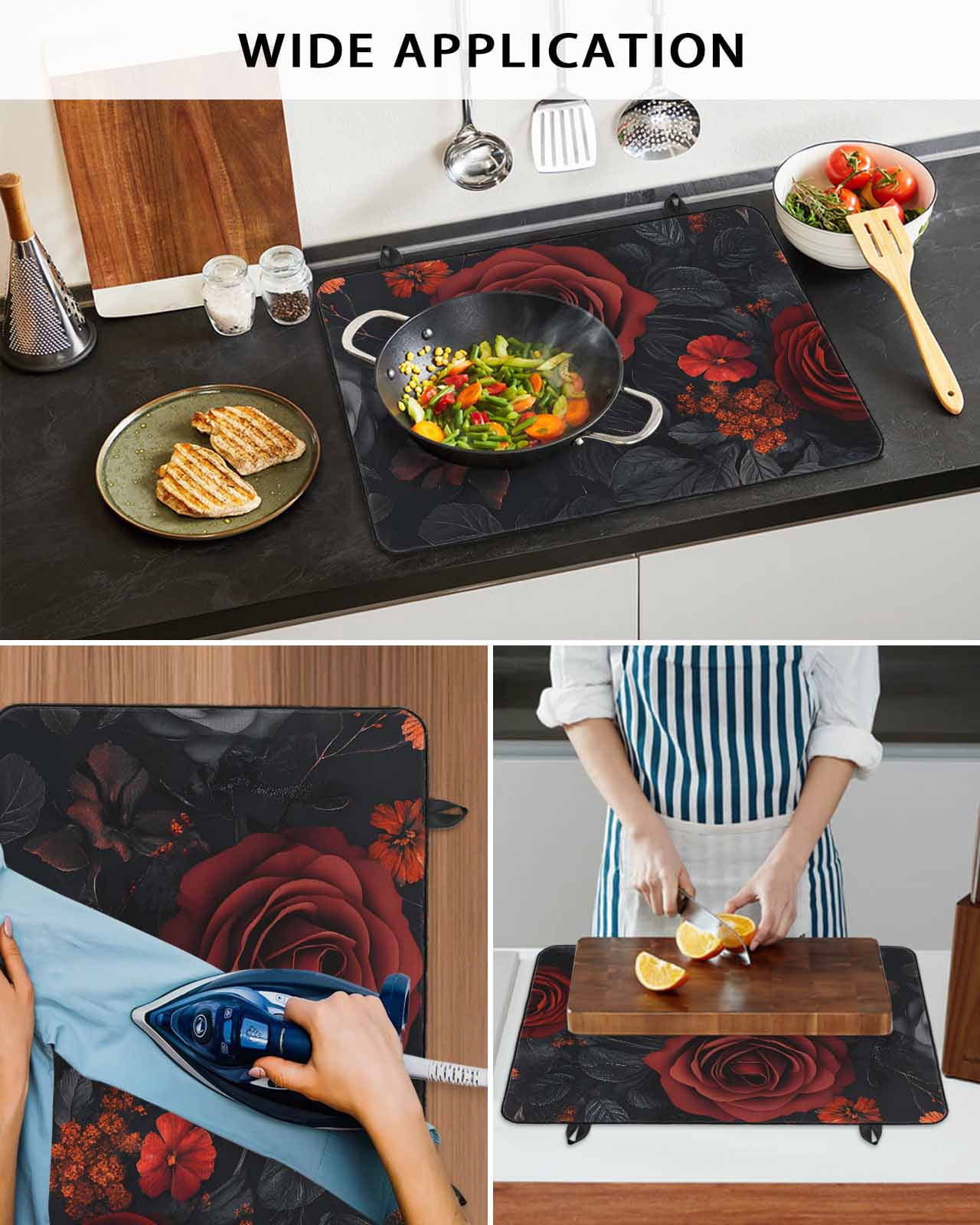 nqOlkjepod Large Induction Cooktop Protector Mat 36"x21", Red Orange Roses Stove Top Covers for Electric Stove, Elegant Romantic Flowers Pastoral Stove Burner Cover Mats, Glass Top Stove Cover