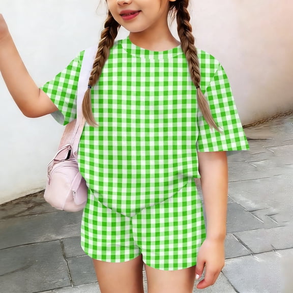 Grblisyd Girls Summer Outfits Casual Plaid Cute Short Sets Loose Short Sleeve T Shirts Top and Shorts Athletic Clothes Green 3-4Y