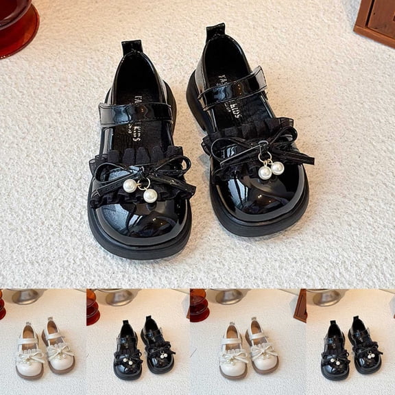 Girls Mary Jane Shoes Dress Shoes Ruffled Bow Decor PU Dress Flats with Pearl Pendant Non Slip Soft Sole Uniform Shoes for Toddler and Little Girls Daily and Party Wear Black 35