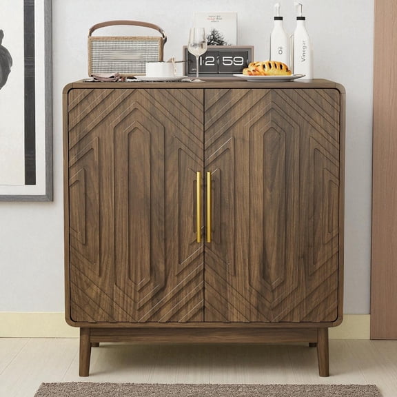 GZXS Vintage Accent Cabinet with 2 Carved Doors, 31.5" Wooden Console Sideboard with Curved Edge, Adjustable Shelf & Gold Handles for Kitchen, Living Room, Entryway (Walnut)