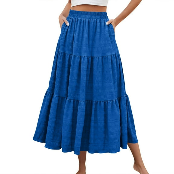 Women’s Summer Boho Flowy Swing Tiered A-Line Maxi Skirt 2025 Fashion Trendy High Waist Elastic Waist Pleated Long Beach Dress