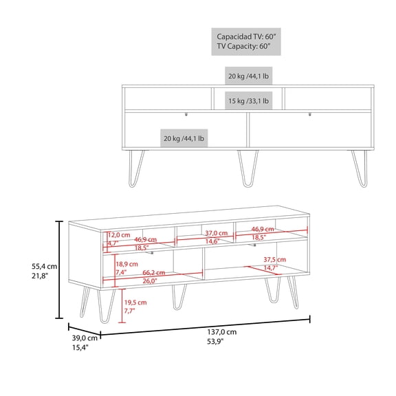 XIZE 54" TV Stand with Pull-Down Doors, 3 Shelves and Cable Management, White and Natural Oak