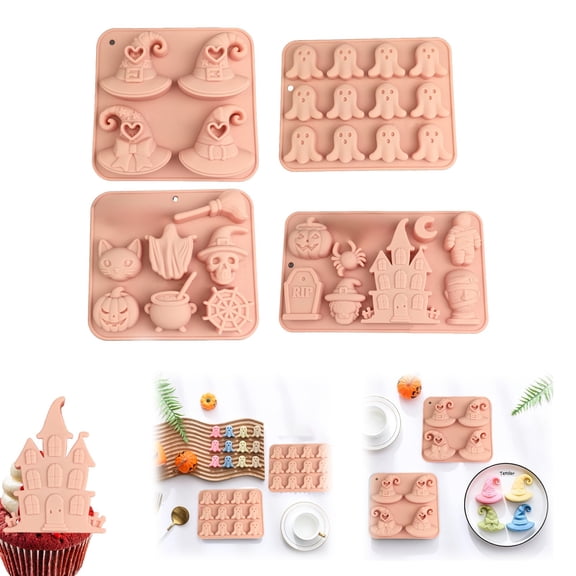 Halloween Themed Silicone Baking and Ice Cube Mold, Pumpkin Bat Witch Hat Candy and Fondant Mold for DIY Baking, Multicolor