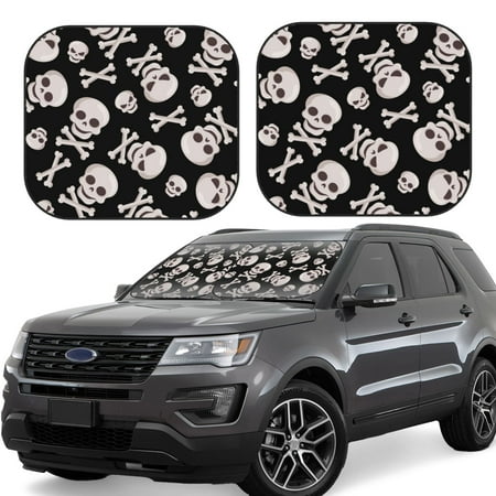 Hirioo black white Skull bone for 2PCS Windshield Sun Shade Foldable | Front Windshield Shade for Sun Heat and UV Rays-Medium