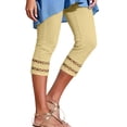 thumbnail image 3 of XPMWRP Women Stretch Denim Capri Leggings Double Layer Eyelet Stripe Hem High Waist Casual Summer Jeans with Pockets Beige XL, 3 of 9
