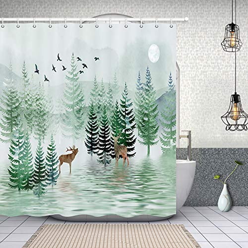 Nature Forest Landscape Safari Moose Shower Curtain Set Polyester Fabric Rustic Watercolor Pine Tree Bird With Wildlife Deer In Mountain Bathroom Curtains Bath Sets Hook Com Nature Forest Landscape Safari Moose, Wildlife Shower Curtains Sets