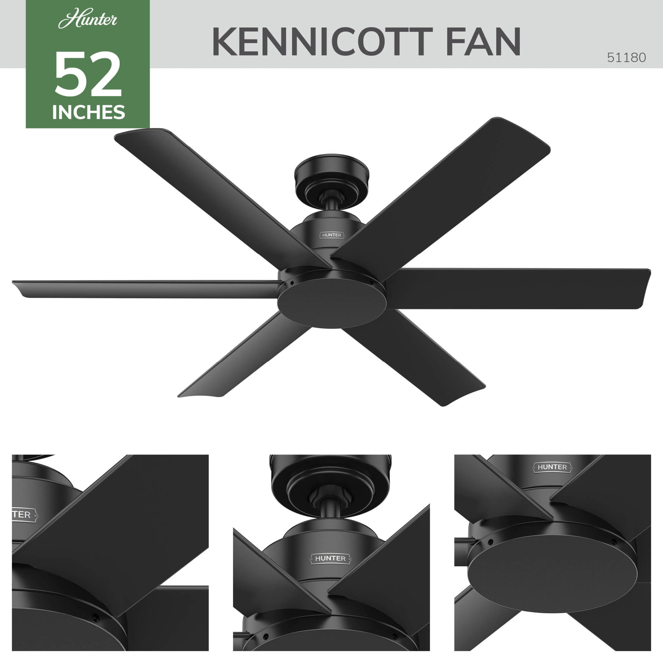 Hunter 52 inch Outdoor or Indoor Ceiling Fan No Light - Black Ceiling Fan without Light, For Patio, Porch, Garage, or Living Room, Standard Mount, 6 Blades, Wall Control - Kennicott 51180, Matte Blac