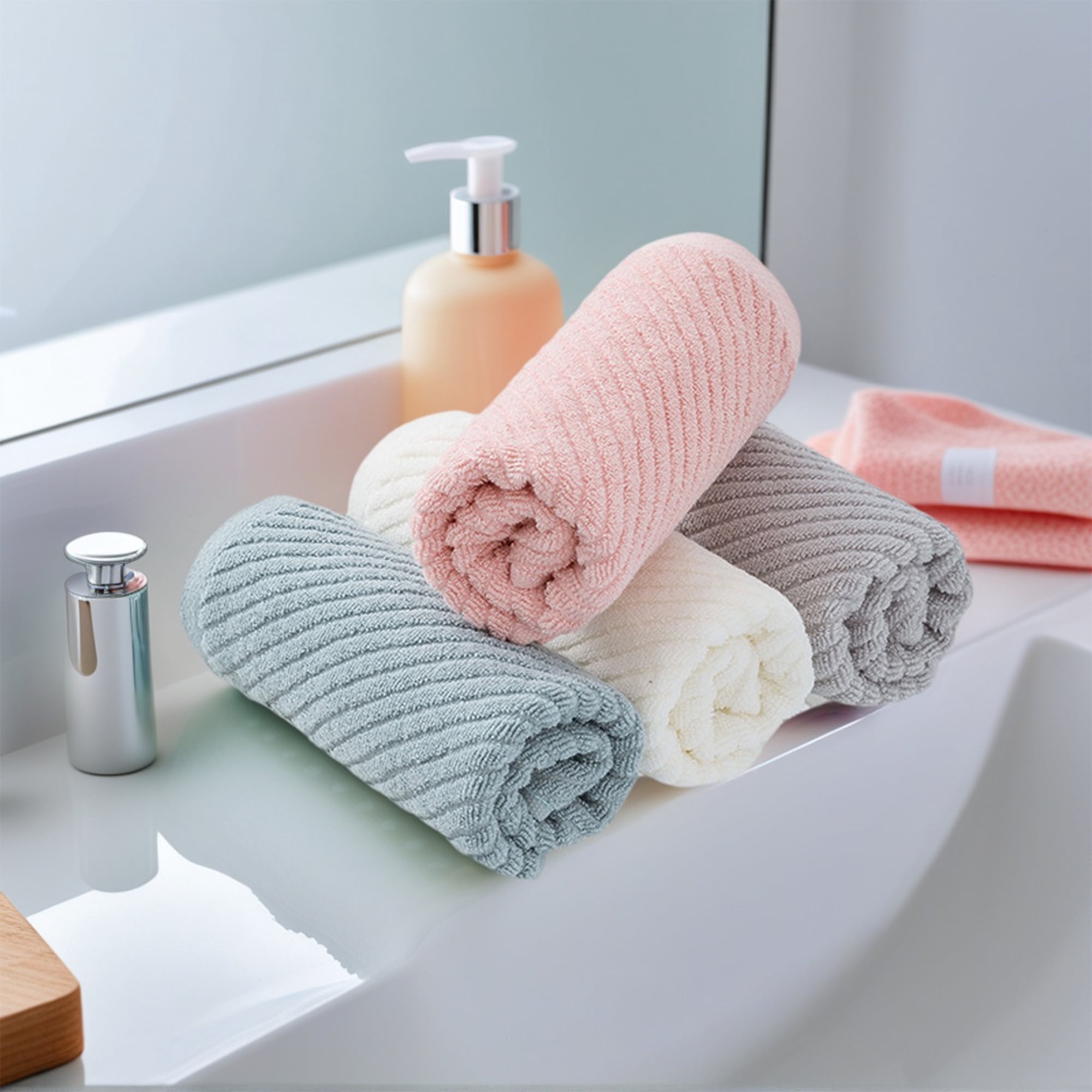 Unique Bargains Solid Striped Decorative Hand Towels Set of 2 Pink 14" x 30"