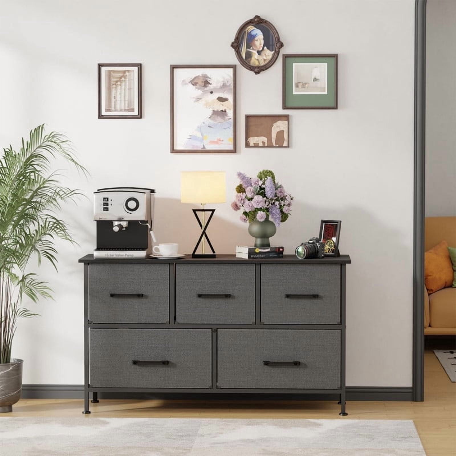 Kelno 5 Drawer Dresser Fabric Chest of Drawers Storage Organizer Wood Top Surface for TV, Grey