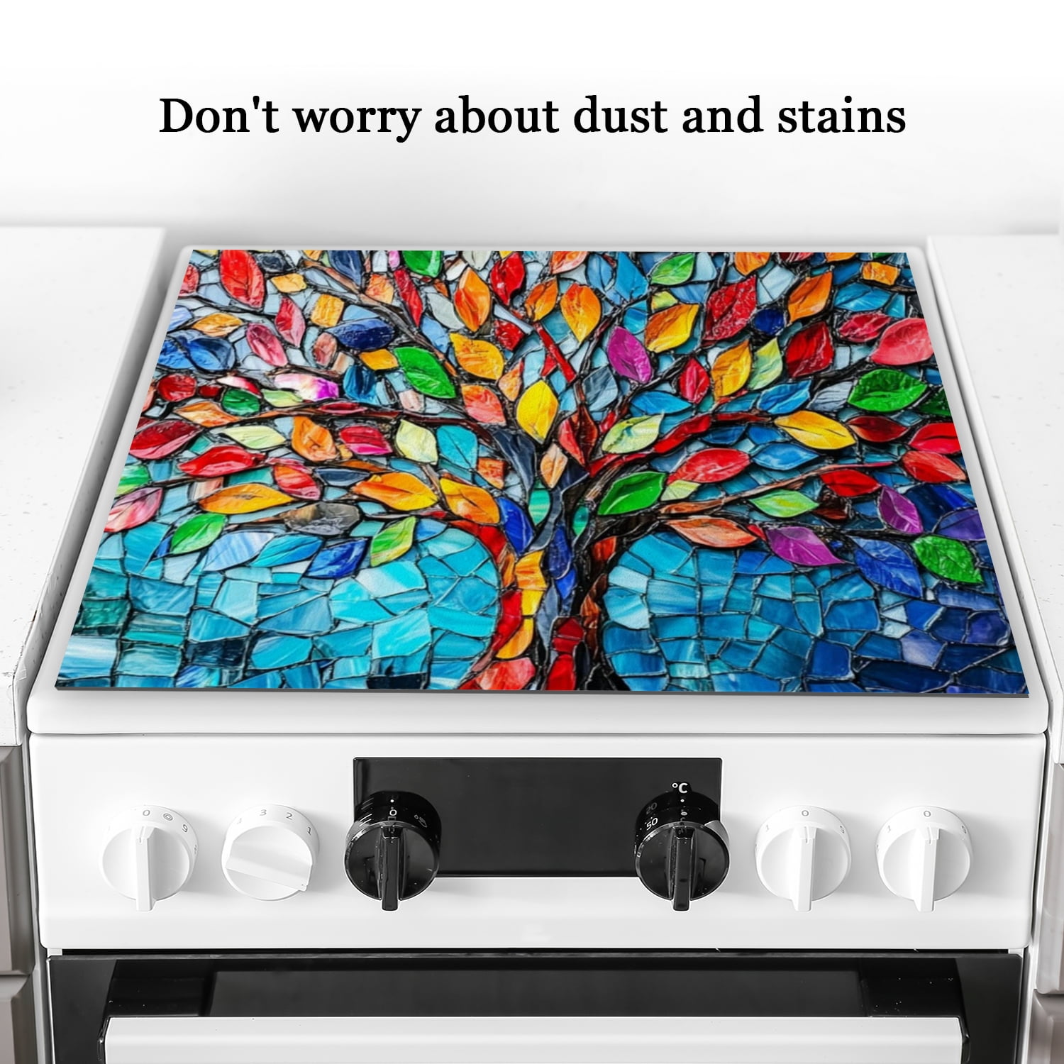 Square Cover for Stove Top Electric Flat Top, Modern Colorful Tree Glass Stovetop Cover, Foldable Decorative Cooktop Mat for Kitchen RV (28×20 Inch)