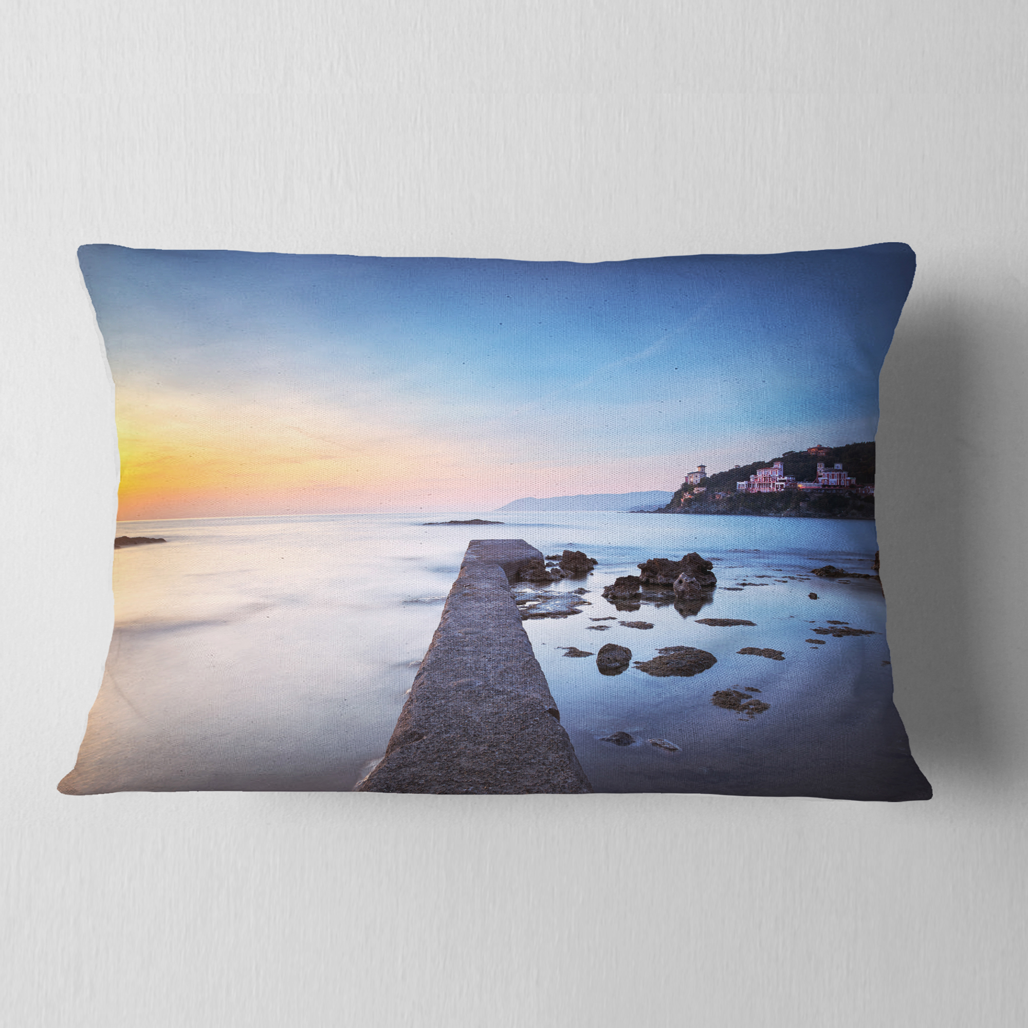 Designart Castiglioncello Bay Concrete Pier - Seascape Throw Pillow - 12x20