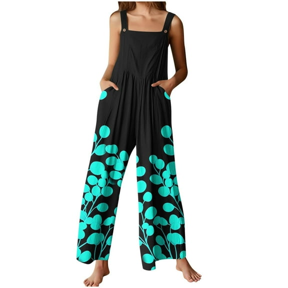 Uaswgudfs Women's Summer Jumpsuits Boho Wide Leg Overalls Casual Loose Rompers with Pockets 2025 Black L