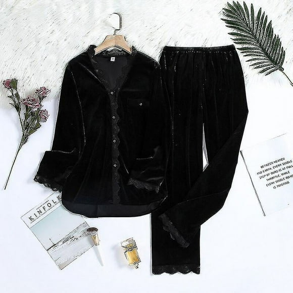 2pcs Gold Velvet Pajamas Set For Women Warm Pyjama Sexy V-neck Lace Homewear Autumn Winter New Pijamas Long Pant