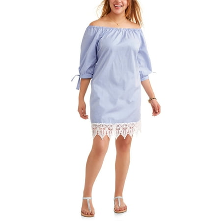 Paper Tee Junior's Plus Off Shoulder Striped Chambray Dress with Crochet Trim