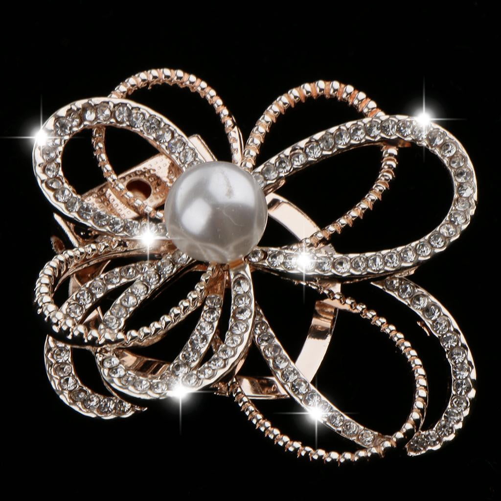 Segolike 4xCrystal Flower with Imitation Pearl Scarf Buckle Brooch 2 in 1 Gold 4 Pcs