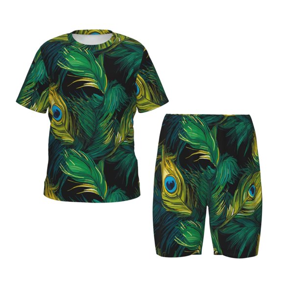Balery Peacock Feathers2 Conjunto de Pijama Infantil de Manga Corta con Estampado – Ropa de Dormir de Algodón Suave-Large