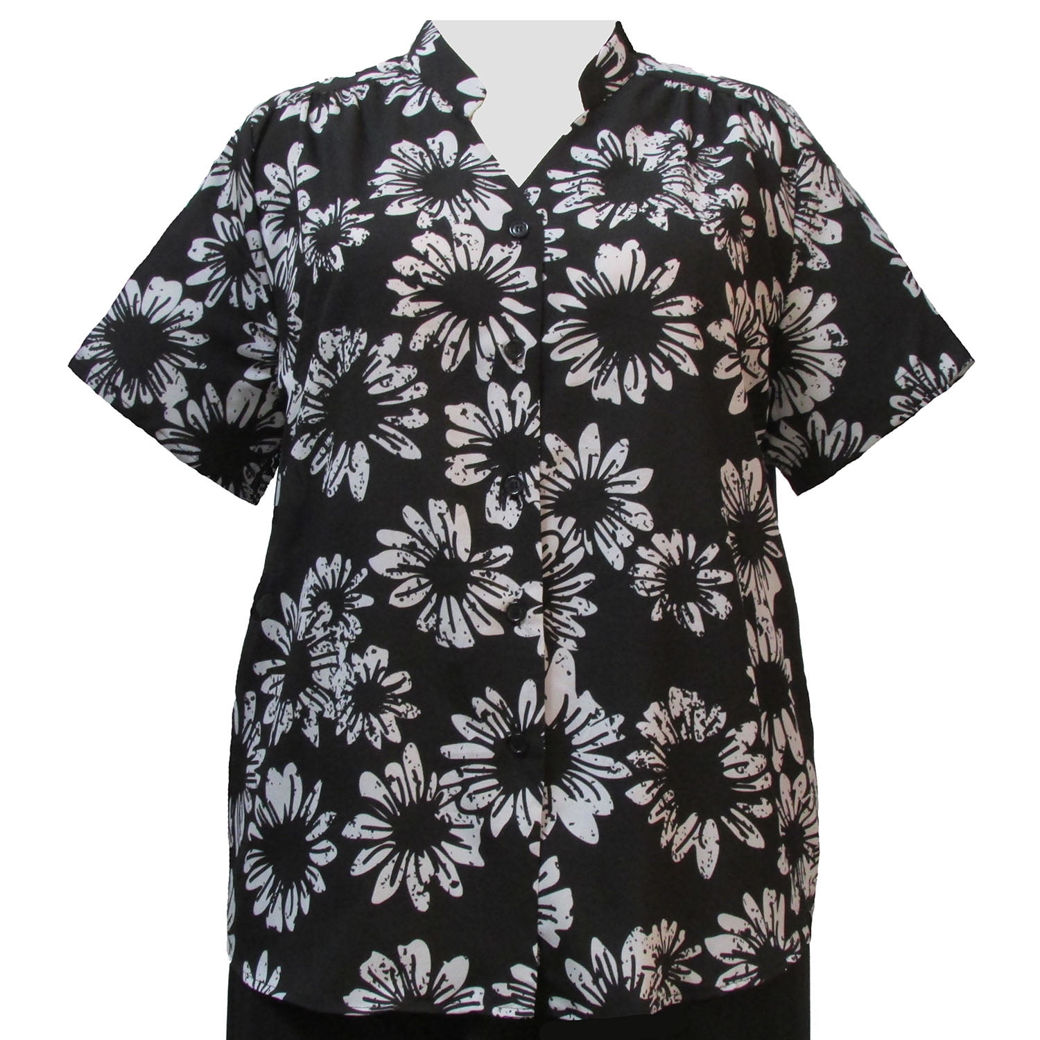 A Personal Touch Womens Plus Size Short Sleeve Mandarin Collar V-Neck Button-Front Blouse With Shirring