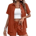 thumbnail image 2 of Linen Short Sets for Women Summer 2 Piece Casual Lounge Sets Button Down Shirt and Drawstring Shorts Outfits, S, 2 of 5