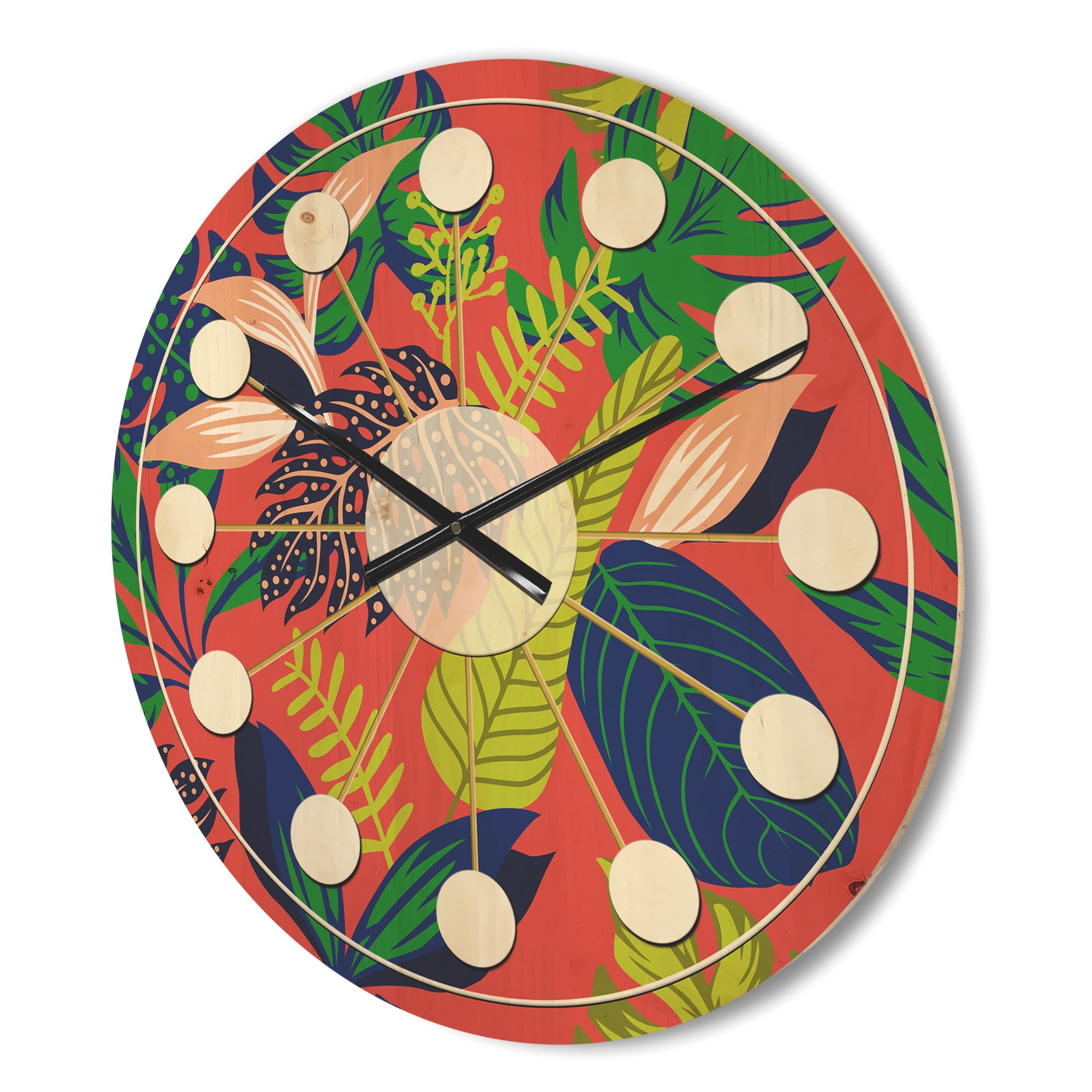 Designart 'Tropical Leaves Retro Pattern I' Mid-Century Modern Wood Wall Clock