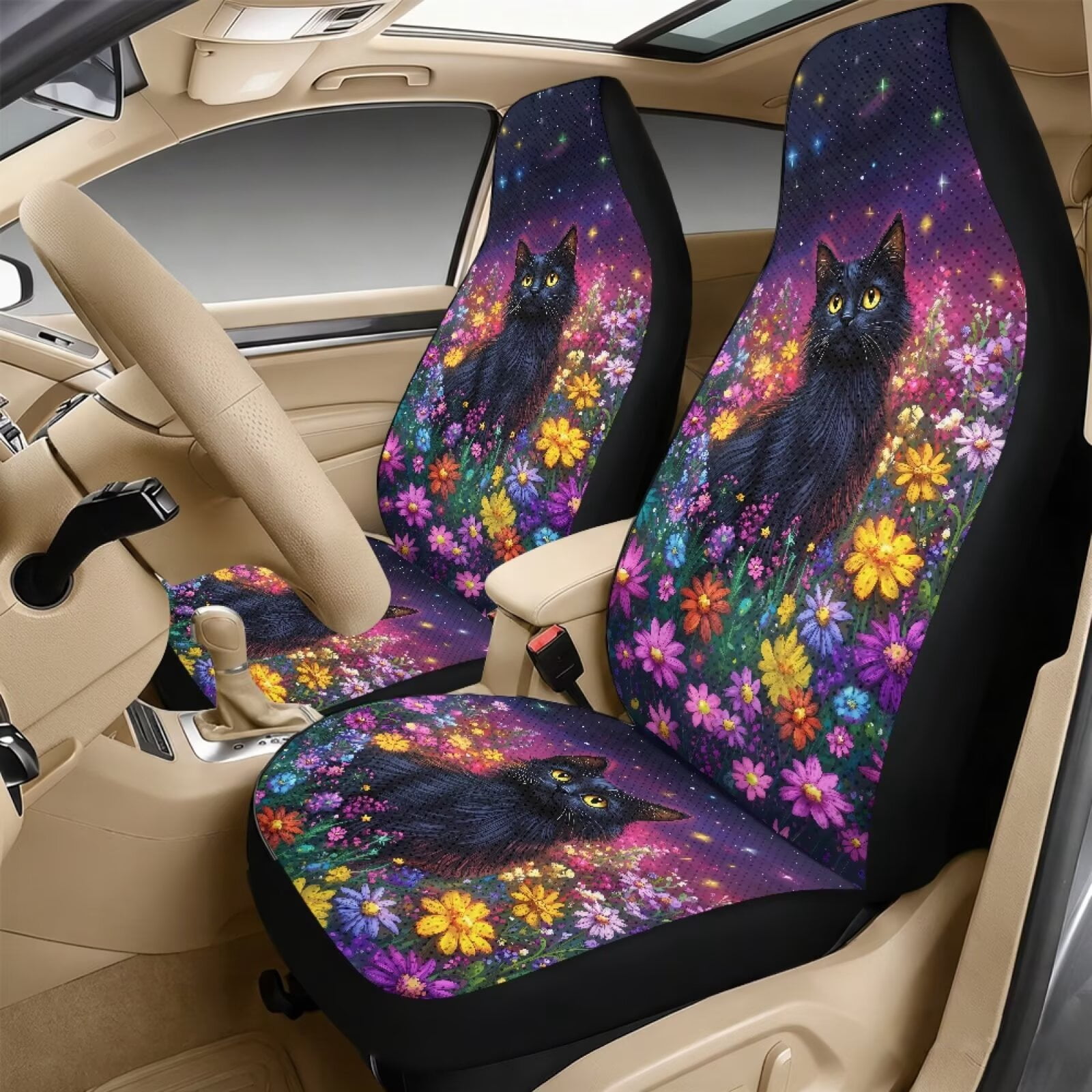 Xixirimido Car Seat Cover Set of 5 Pieces Front Seat Covers with Matching Seat Belt and Center Console Covers PU Leather Fits Most Vehicles, Black Cat Colorful Daisy