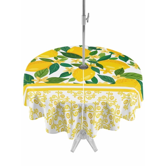 Outdoor Tablecloth with Umbrella Hole for Patio/Picnic/Party/Camping, Lemon Botanical Waterproof Table Cloth Round Cover Washable, Summer Fruit Leaves Yellow Floral (Dia 60")