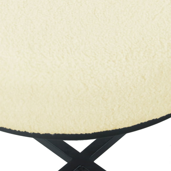 Round Upholstered top Ottoman on metal frame - Cream Faux Sheepskin