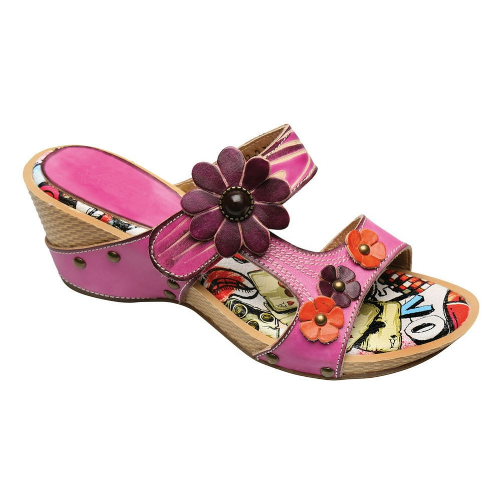 Avanti - Women's Shoes - Hand Painted Daisy Slides Wedge Heel Sandals ...