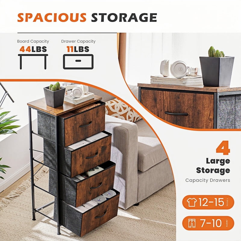 Kelno 4 Drawers Fabric Dresser Tall Chest of Drawers with Steel Frame Wood Top, Rustic Brown