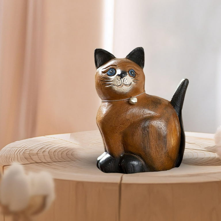 Wooden Carved Cat Statue Kitten Figurine Handmade Sculpture for Bookshelf  Party L Head Left