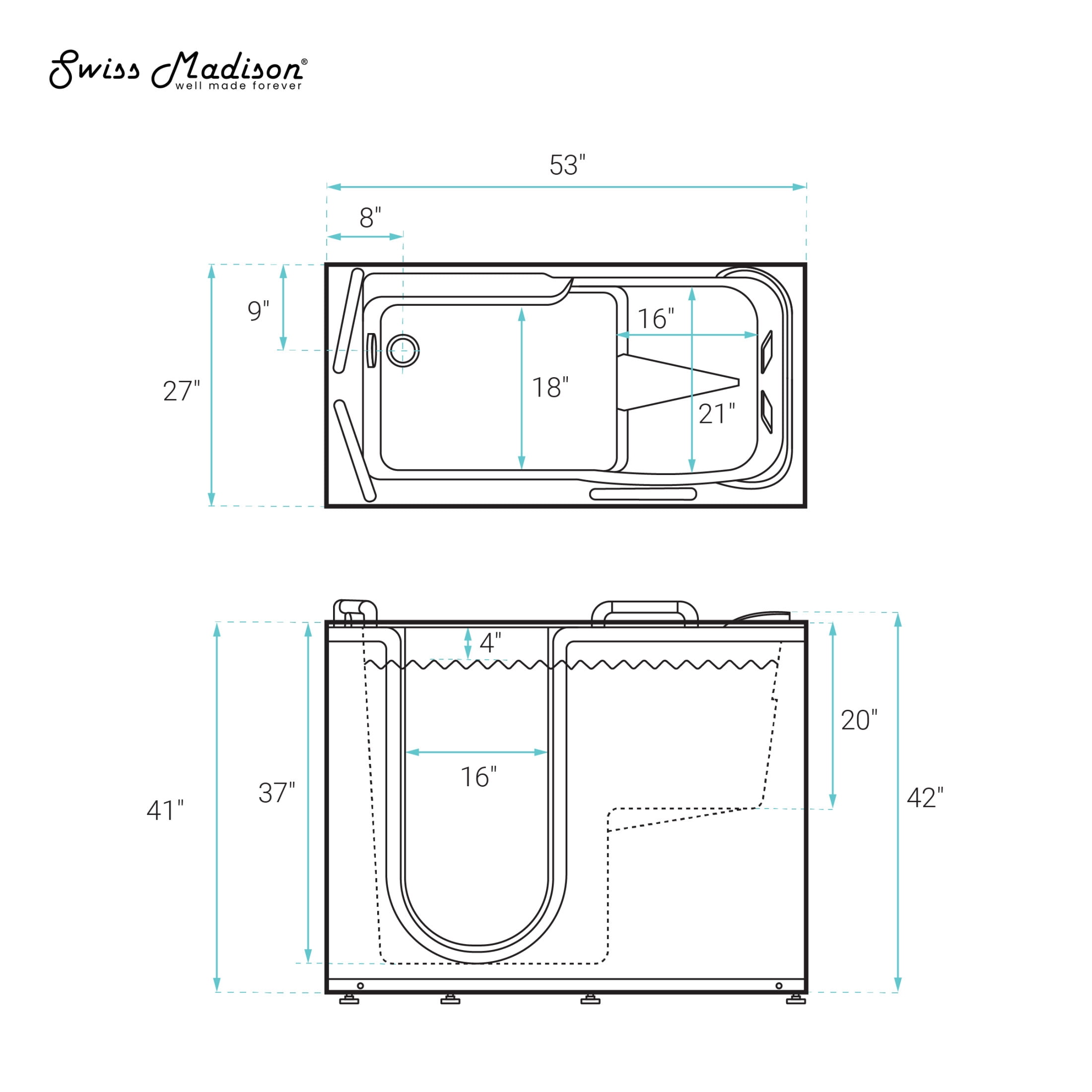 Auvergne 53" x 27" ADA Left Drain Walk-in Soaking Bathtub in Glossy White, Faucet Set, Drain, Grab Bars, Pillow Included