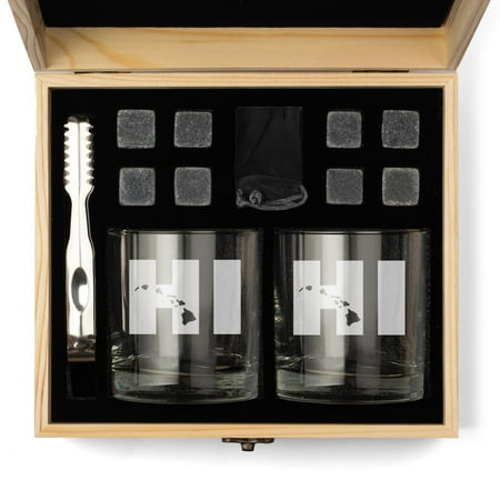 Whiskey Glass Gift Box Set with Whiskey Stones and 2 Rocks Glasses HI Hawaiian Islands Hawaii