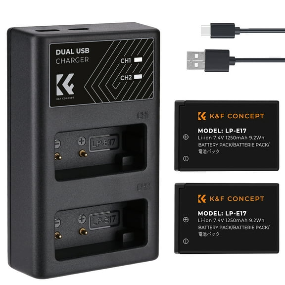 K&F CONCEPT ,  Type-c Kit With 1250mah   Battery Kit Rp/rebel T8i/t7i/t6i/t6s/sl2/sl3//m5/m6 K F 2pcs -e17 Batteries   2pcs Batteries 7.4v Battery   Kit Cablerp/rebel 2pcs   7.4v K Dsfen