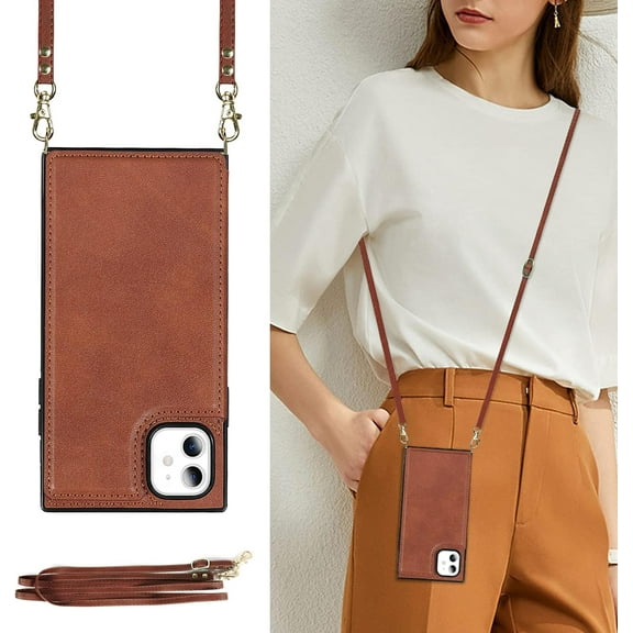 Crossbody Wallet Case for iPhone 11 6.1 inch, Kickstand with Adjustable Removable Lanyard Neck Strap Case Card Holder Case Shockproof Cover Magnetic Clasp Cover Flip Case -Brown