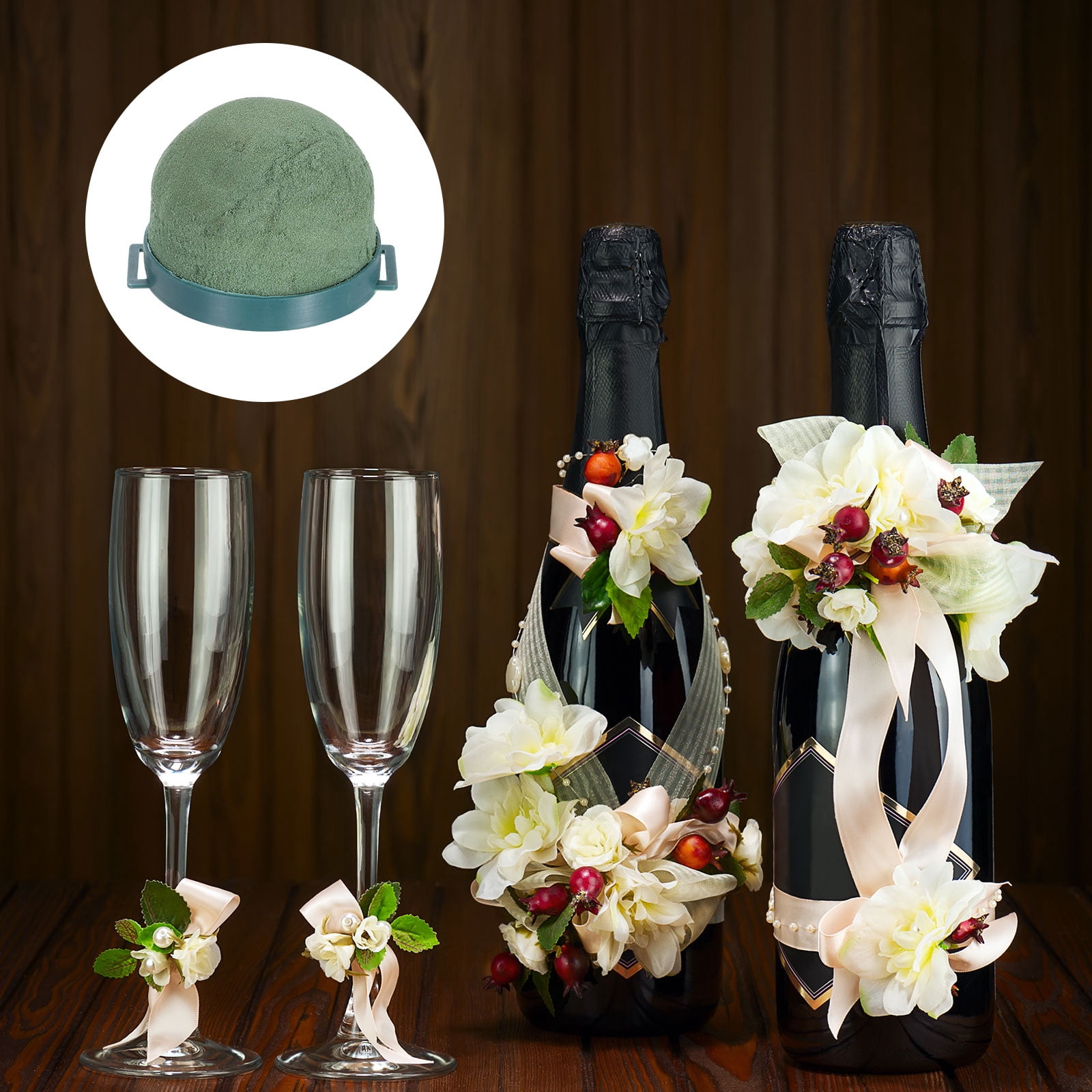 12Pcs Floral Foam Green Flower Floral Dry Foam, Mini Round Floral Foam Holder Flower Arrangements for Wine Bottle Decor Wedding Party Decorations(with Green Iron Frame)