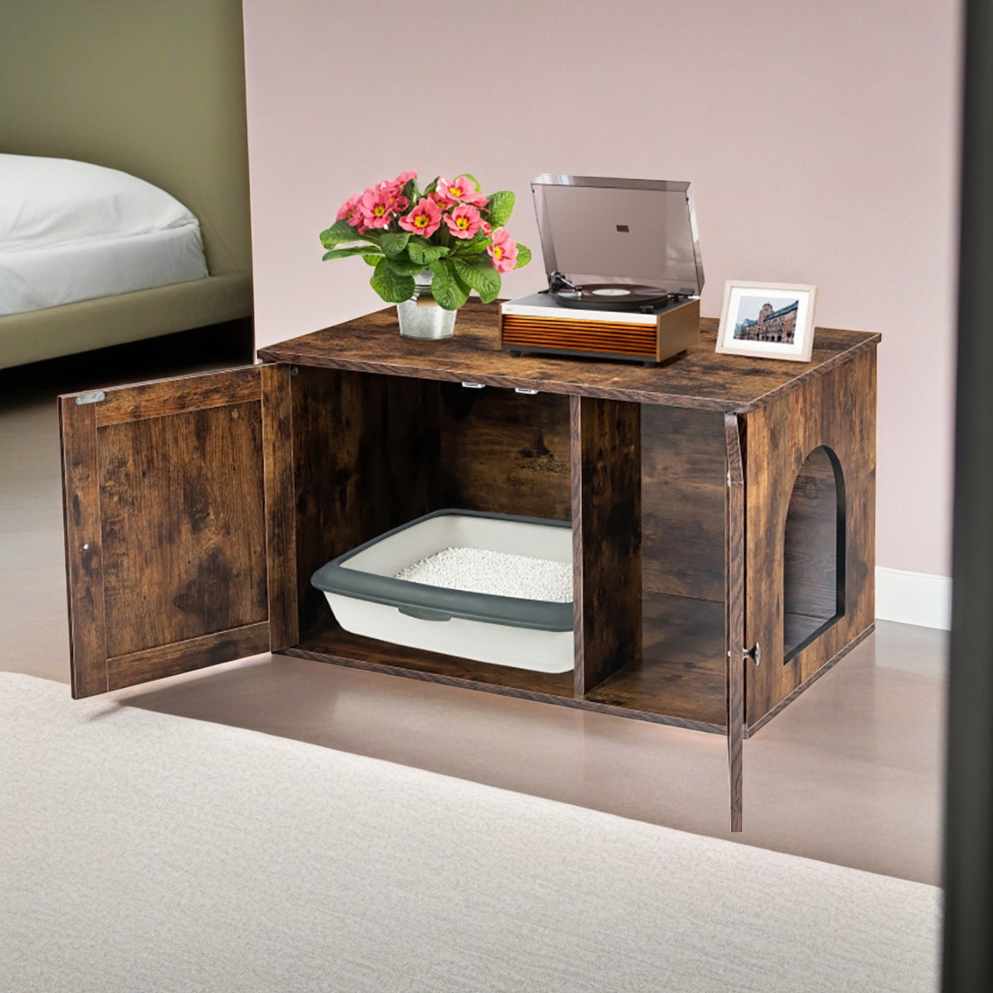 resenkos 31" Hidden Cat House Washroom Furniture with Double Doors and Divider, Wood Cat Litter Box Enclosure Cabinet with Side Entrance, Brown