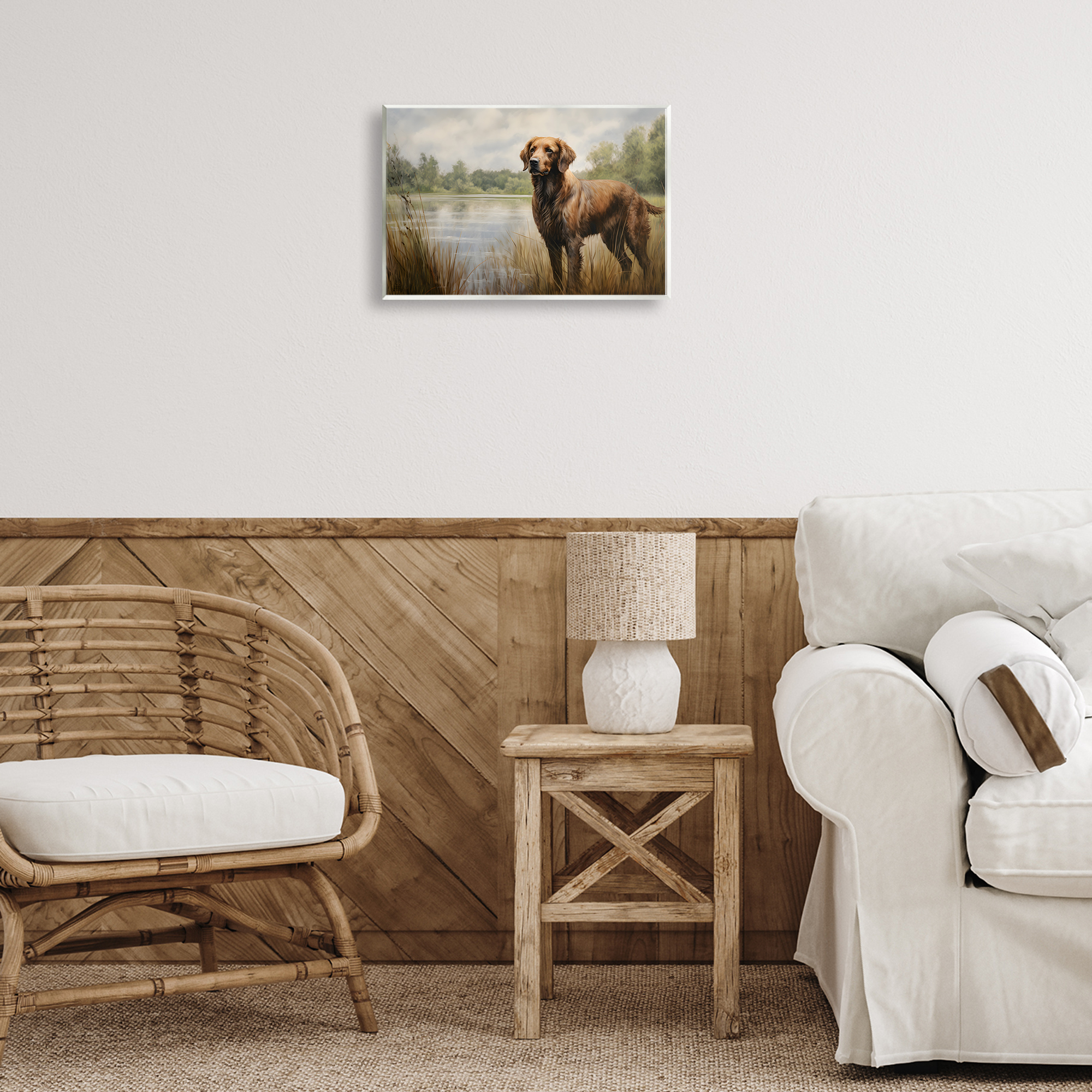Stupell Industries Retriever Dog & Pond Landscape Painting Unframed Art Print Wall Art, 15 x 10