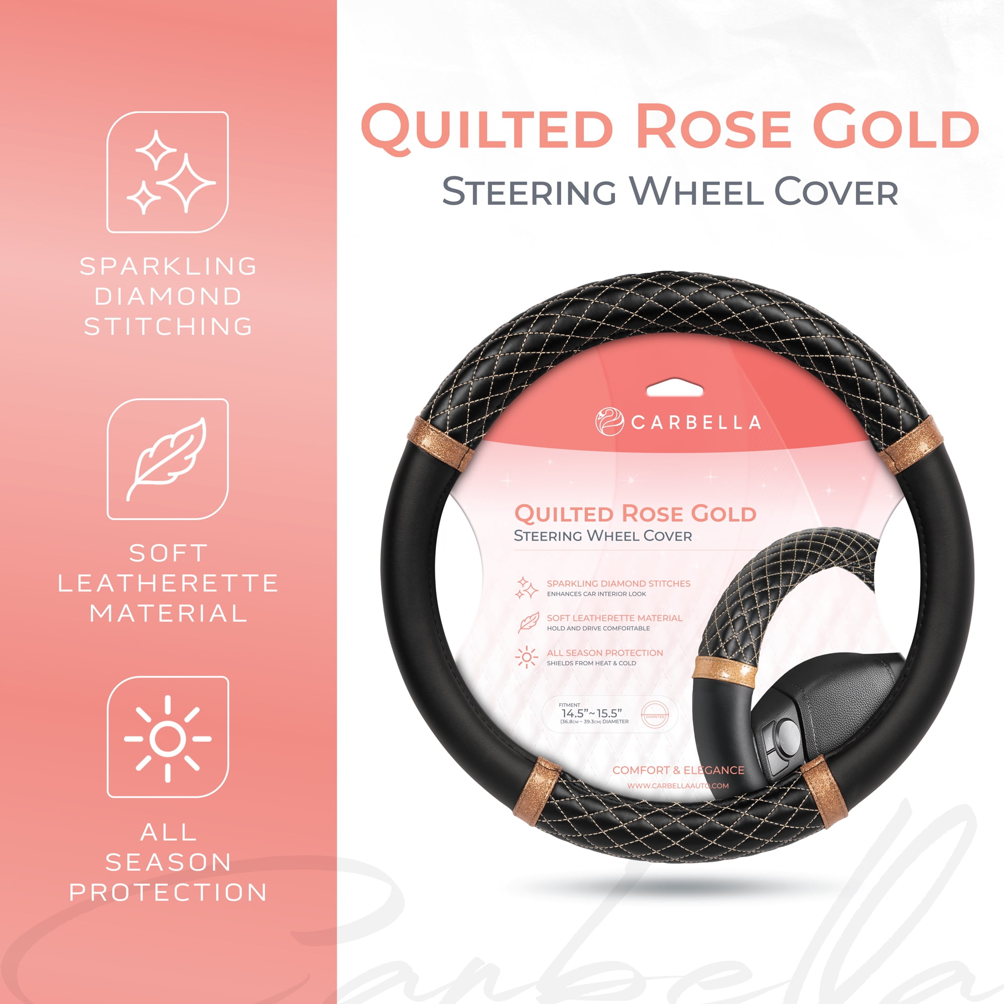 Rose Gold Quilted Steering Wheel Cover - Elegant Craft 15" Steering Cover for Cars, Trucks, SUV Accessories Accent