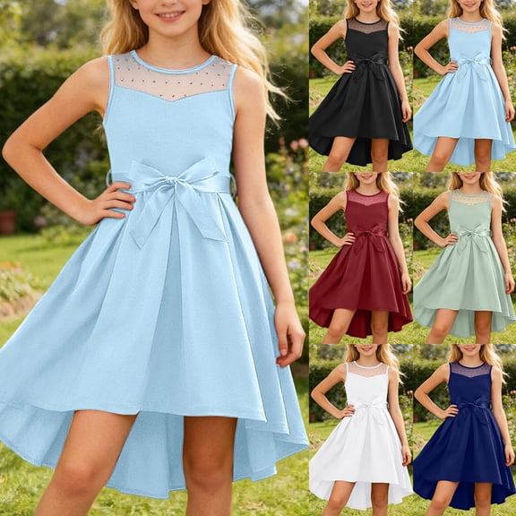Gunia Flower Girl Dress Sleeveless Satin Party With Mesh Bow Belt Occasion Elegant Length Gown Special Events Wedding Light Blue Dress For Girls 5-13 Years
