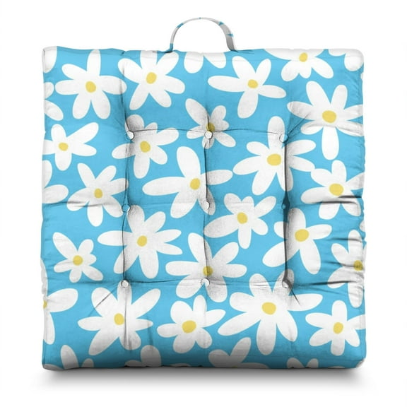 Illustration Floor Cushion 22 Inch Large Square Pillow, Vintage Daisy Artwork, Soft for Meditation & Hip Support